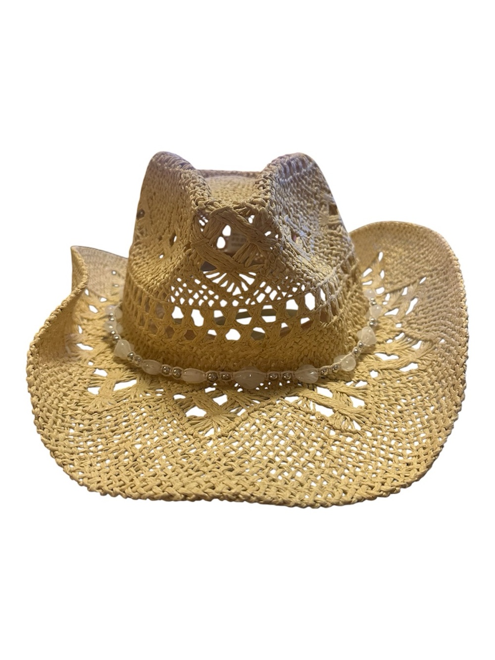 Woven Straw Cowboy Hat with Beaded Band - Natural Beige
